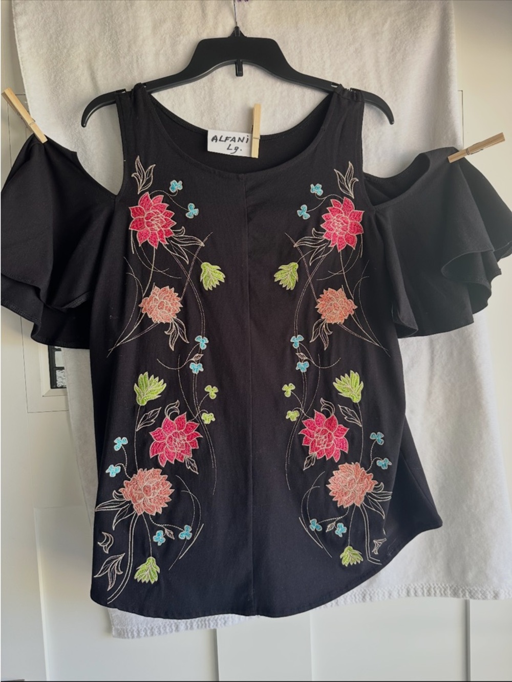 Alfani Black Cold-Shoulder Floral Embroidered Blouse